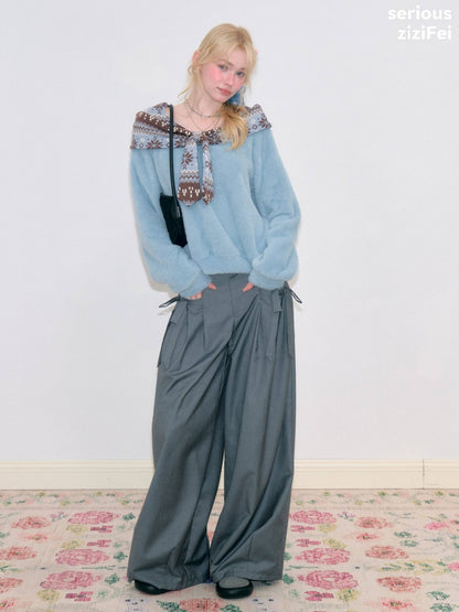 Fair Isle Shawl Bow Slimming Blue Warm Soft Sweater【s0000018804】
