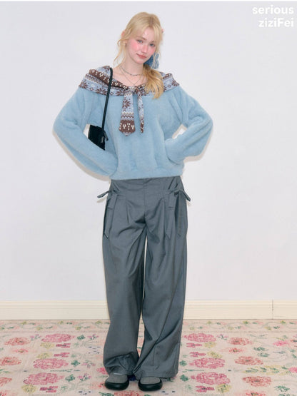 Fair Isle Shawl Bow Slimming Blue Warm Soft Sweater【s0000018804】