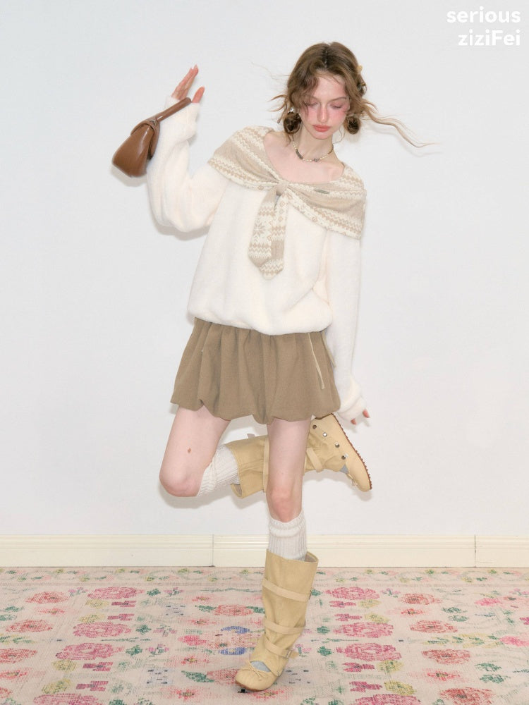 Fair Isle Shawl Bow Slimming Apricot Warm Soft Sweater【s0000018805】