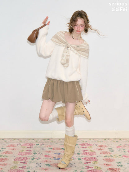 Fair Isle Shawl Bow Slimming Apricot Warm Soft Sweater【s0000018805】