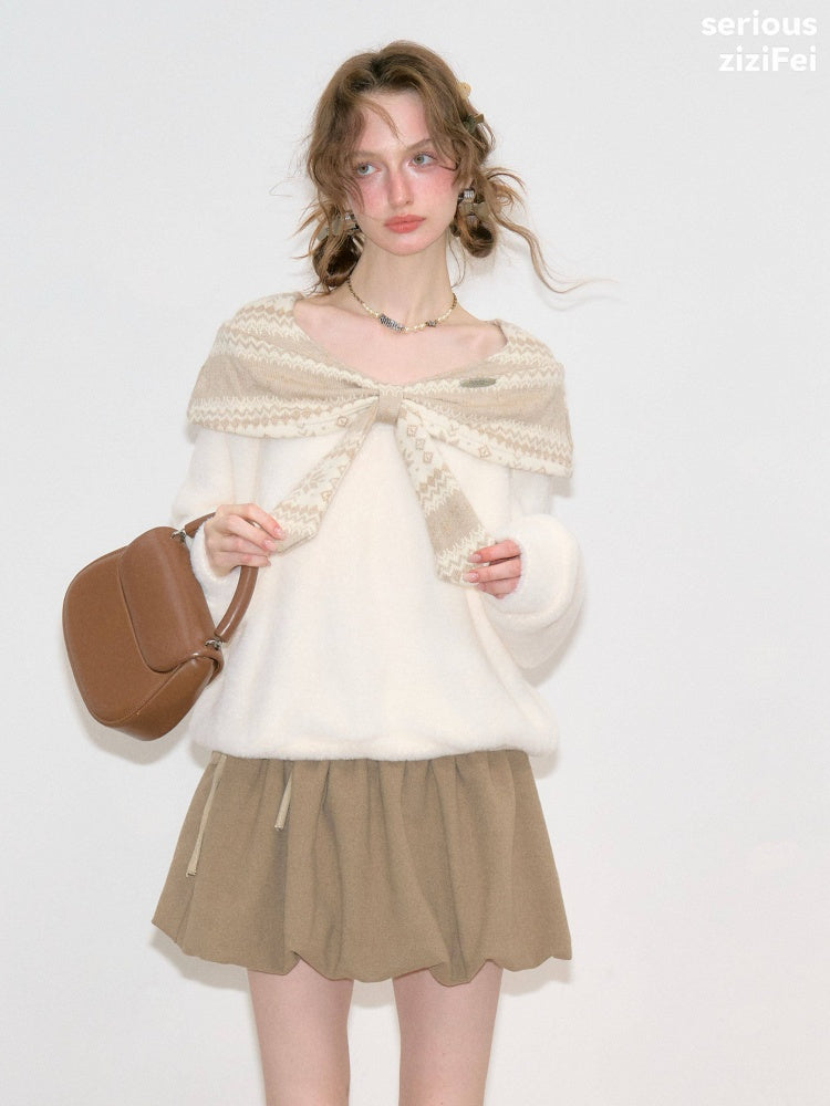 Fair Isle Shawl Bow Slimming Apricot Warm Soft Sweater【s0000018805】