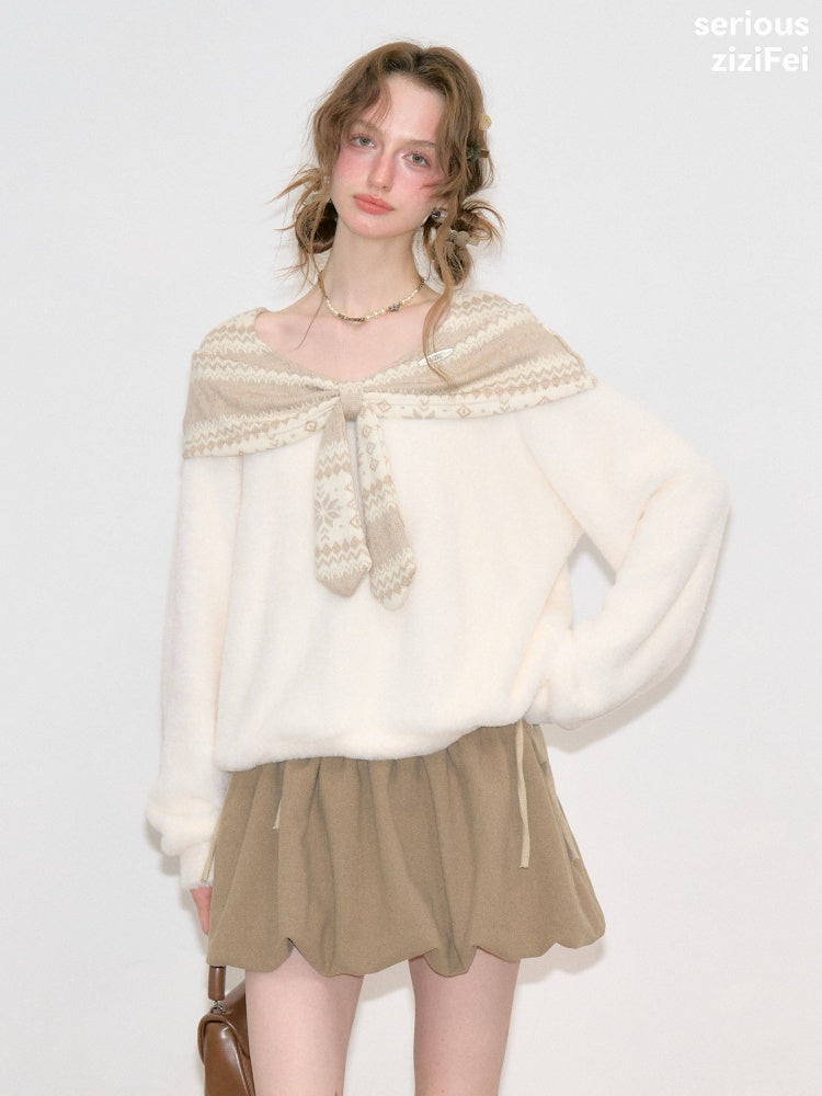 Fair Isle Shawl Bow Slimming Apricot Warm Soft Sweater【s0000018805】