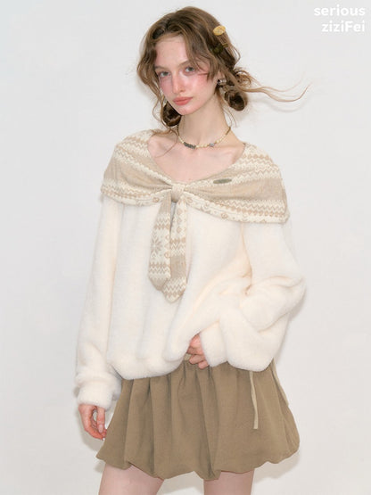 Fair Isle Shawl Bow Slimming Apricot Warm Soft Sweater【s0000018805】