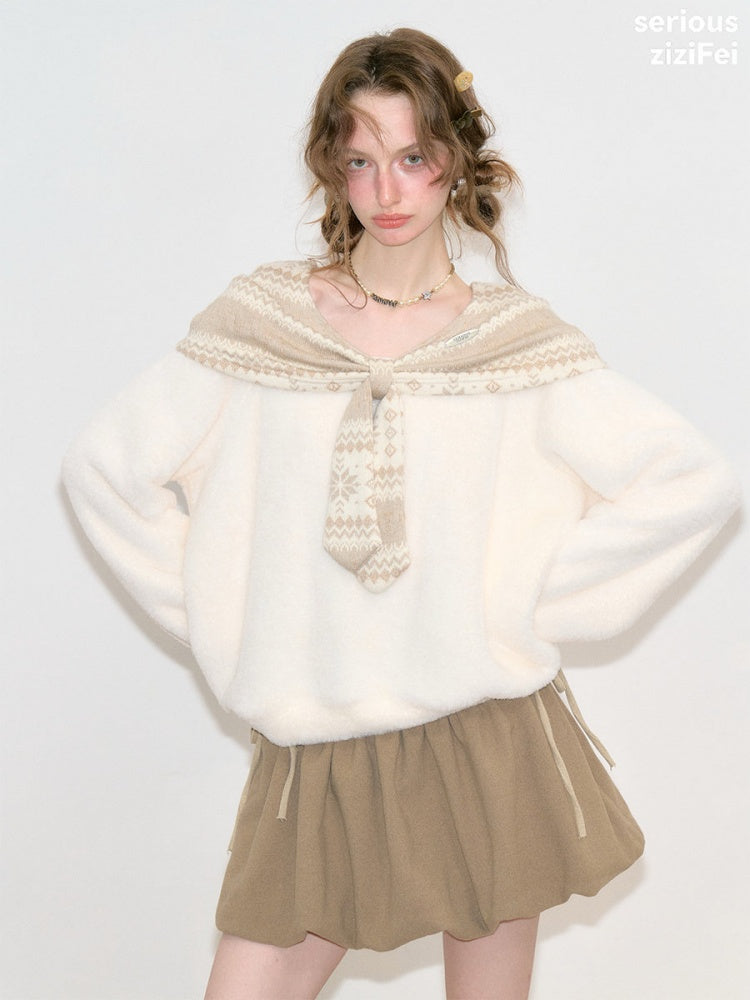 Fair Isle Shawl Bow Slimming Apricot Warm Soft Sweater【s0000018805】