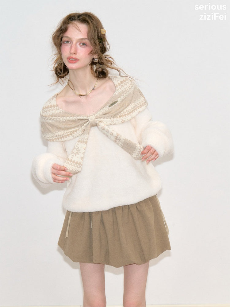 Fair Isle Shawl Bow Slimming Apricot Warm Soft Sweater【s0000018805】