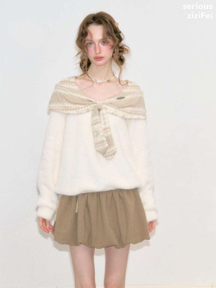 Fair Isle Shawl Bow Slimming Apricot Warm Soft Sweater【s0000018805】