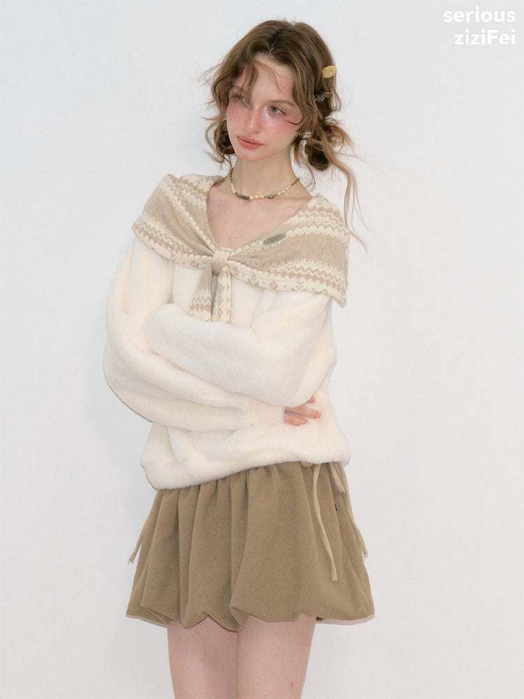 Fair Isle Shawl Bow Slimming Apricot Warm Soft Sweater【s0000018805】