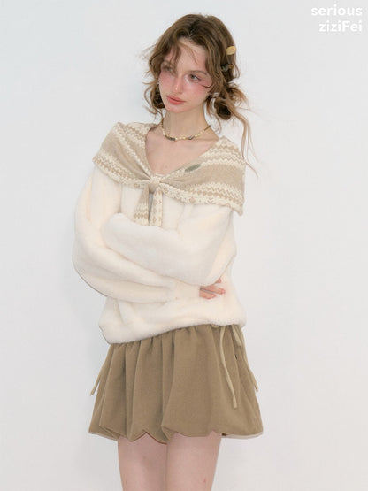 Fair Isle Shawl Bow Slimming Apricot Warm Soft Sweater【s0000018805】