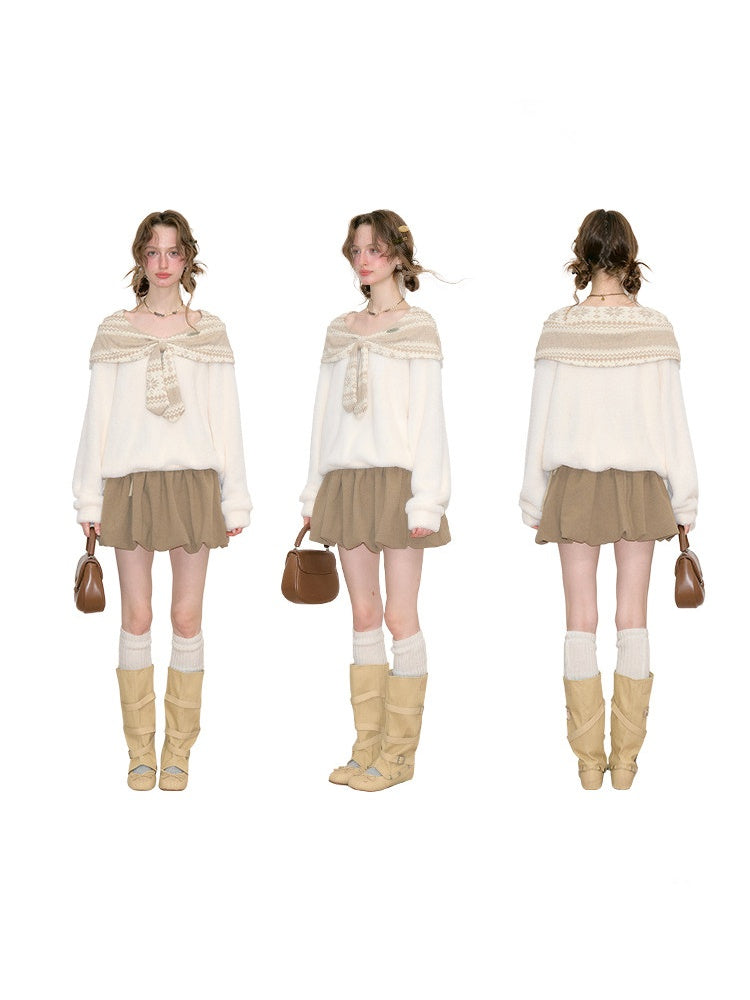 Fair Isle Shawl Bow Slimming Apricot Warm Soft Sweater【s0000018805】