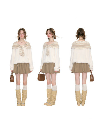 Fair Isle Shawl Bow Slimming Apricot Warm Soft Sweater【s0000018805】