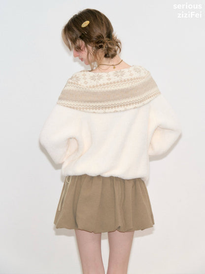 Fair Isle Shawl Bow Slimming Apricot Warm Soft Sweater【s0000018805】
