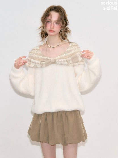 Fair Isle Shawl Bow Slimming Apricot Warm Soft Sweater【s0000018805】