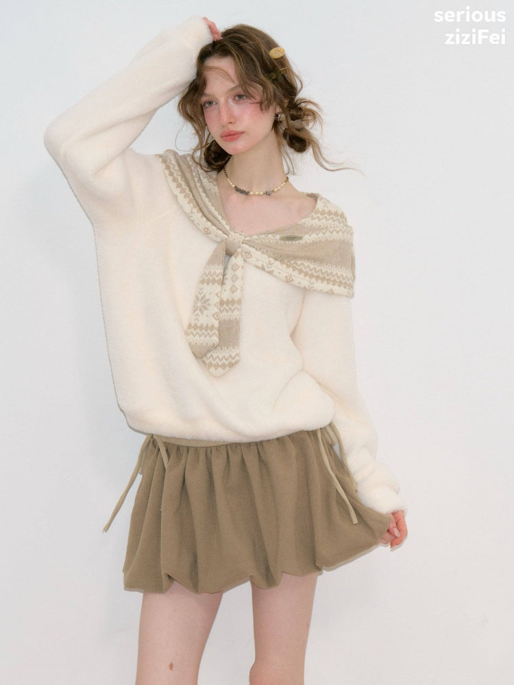 Fair Isle Shawl Bow Slimming Apricot Warm Soft Sweater【s0000018805】