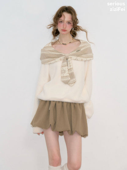 Fair Isle Shawl Bow Slimming Apricot Warm Soft Sweater【s0000018805】