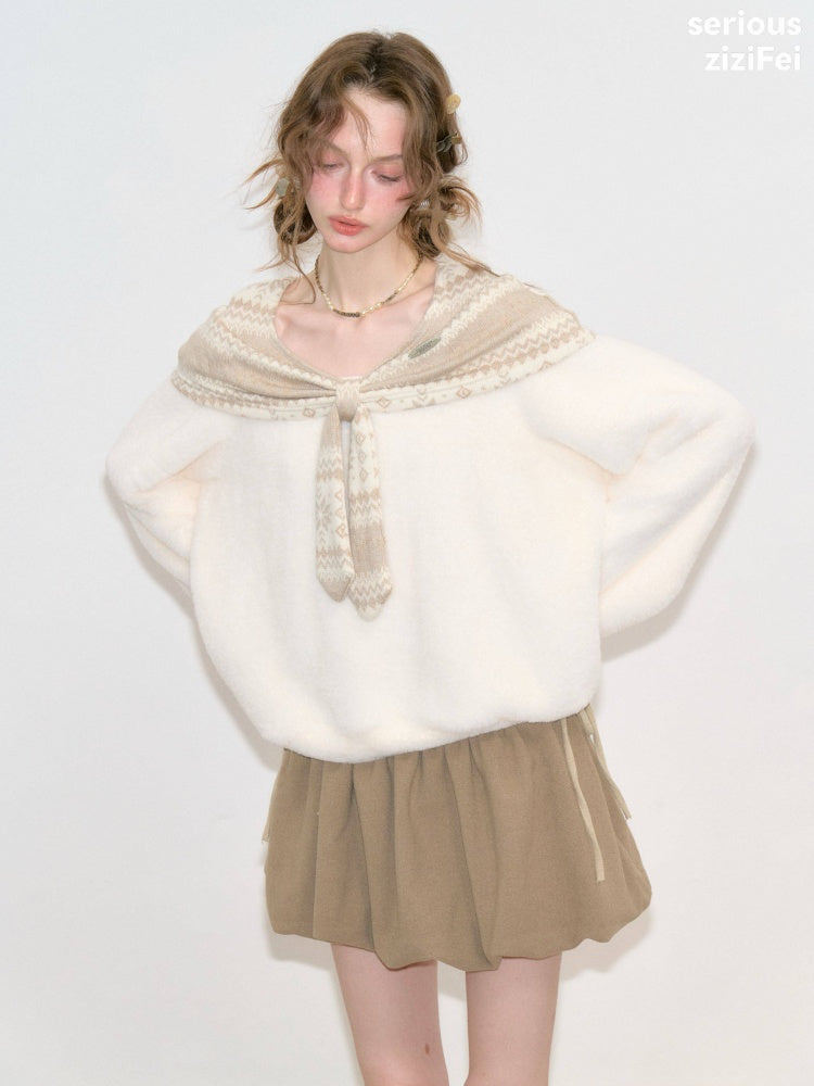 Fair Isle Shawl Bow Slimming Apricot Warm Soft Sweater【s0000018805】