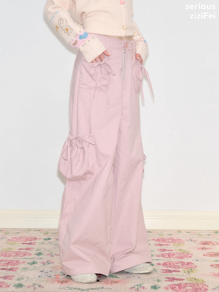 Multi-Pocket Bow High-Waisted Light Pink Loose Wide Straight-Leg Pants【s0000018806】
