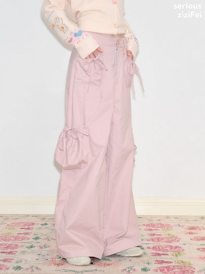 Multi-Pocket Bow High-Waisted Light Pink Loose Wide Straight-Leg Pants【s0000018806】