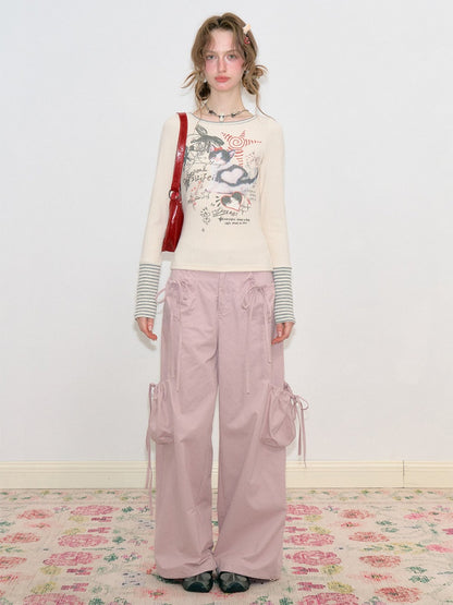 Multi-Pocket Bow High-Waisted Light Pink Loose Wide Straight-Leg Pants【s0000018806】
