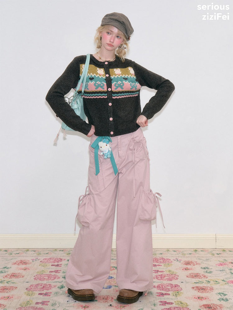 Multi-Pocket Bow High-Waisted Light Pink Loose Wide Straight-Leg Pants【s0000018806】