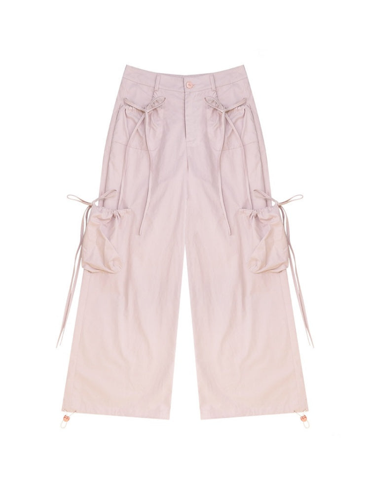 Multi-Pocket Bow High-Waisted Light Pink Loose Wide Straight-Leg Pants【s0000018806】