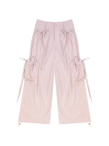 Multi-Pocket Bow High-Waisted Light Pink Loose Wide Straight-Leg Pants【s0000018806】