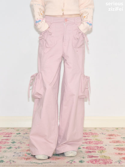 Multi-Pocket Bow High-Waisted Light Pink Loose Wide Straight-Leg Pants【s0000018806】