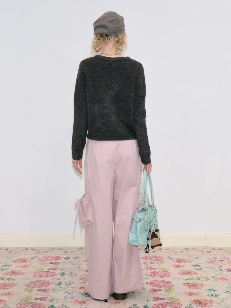 Multi-Pocket Bow High-Waisted Light Pink Loose Wide Straight-Leg Pants【s0000018806】