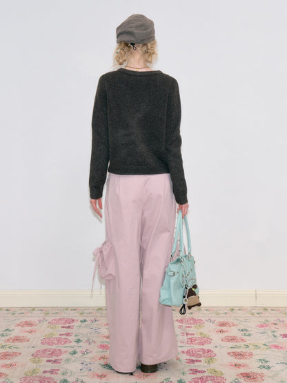 Multi-Pocket Bow High-Waisted Light Pink Loose Wide Straight-Leg Pants【s0000018806】
