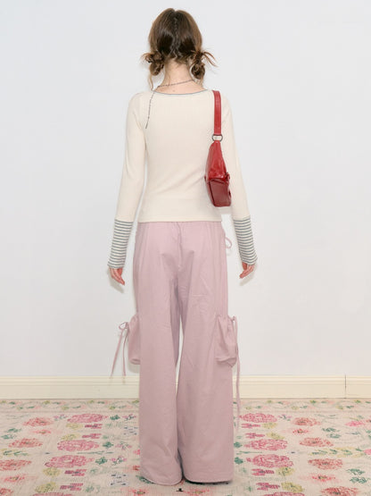 Multi-Pocket Bow High-Waisted Light Pink Loose Wide Straight-Leg Pants【s0000018806】