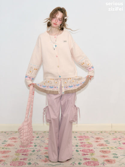 Multi-Pocket Bow High-Waisted Light Pink Loose Wide Straight-Leg Pants【s0000018806】