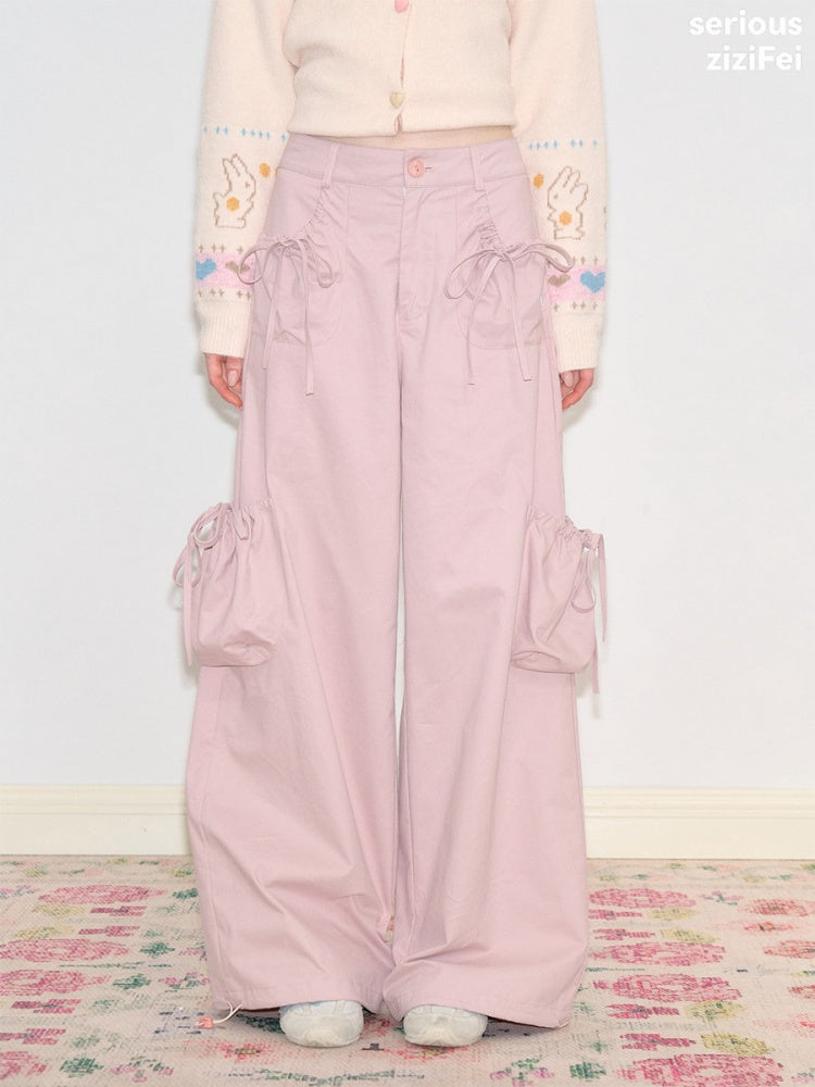 Multi-Pocket Bow High-Waisted Light Pink Loose Wide Straight-Leg Pants【s0000018806】