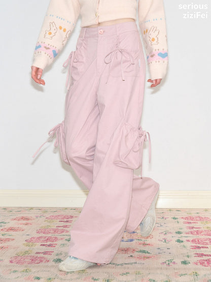 Multi-Pocket Bow High-Waisted Light Pink Loose Wide Straight-Leg Pants【s0000018806】
