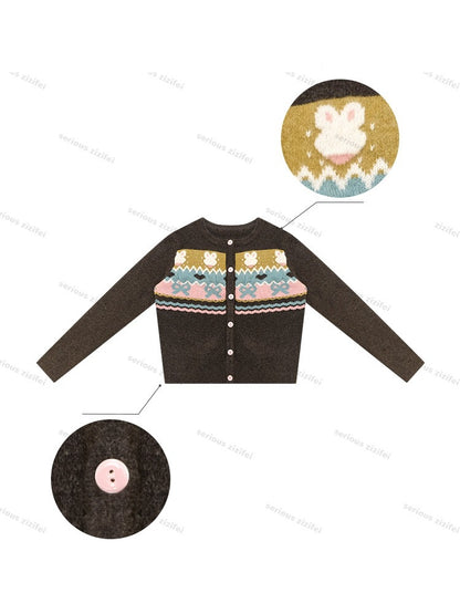 Fair Isle Little Rabbit Jacquard Brown Knit Cardigan【s0000018807】