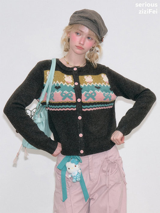 Fair Isle Little Rabbit Jacquard Brown Knit Cardigan【s0000018807】