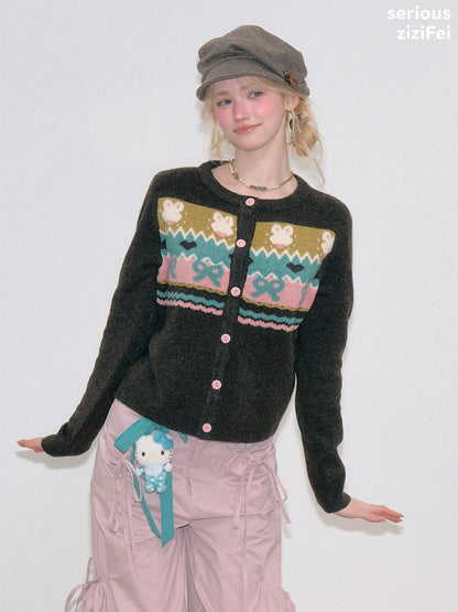 Fair Isle Little Rabbit Jacquard Brown Knit Cardigan【s0000018807】