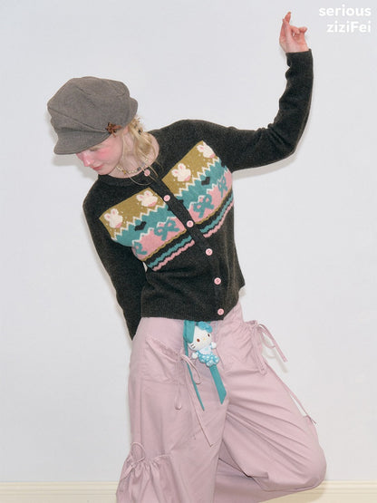 Fair Isle Little Rabbit Jacquard Brown Knit Cardigan【s0000018807】