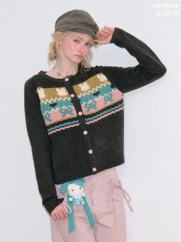 Fair Isle Little Rabbit Jacquard Brown Knit Cardigan【s0000018807】