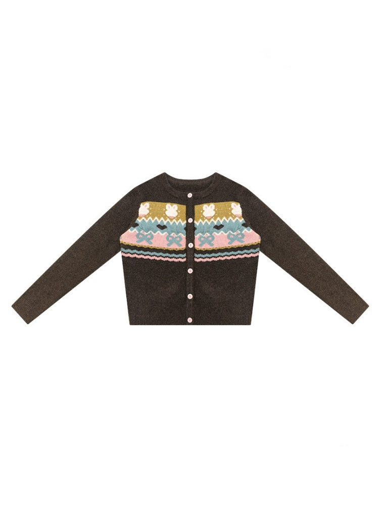 Fair Isle Little Rabbit Jacquard Brown Knit Cardigan【s0000018807】