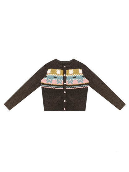 Fair Isle Little Rabbit Jacquard Brown Knit Cardigan【s0000018807】