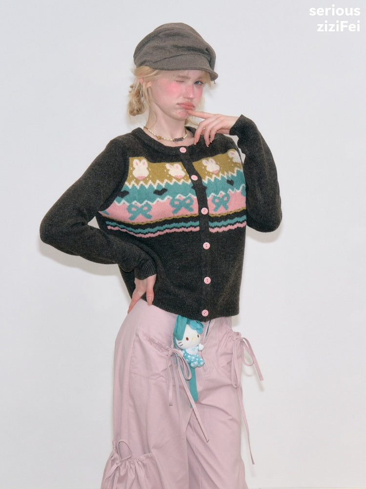 Fair Isle Little Rabbit Jacquard Brown Knit Cardigan【s0000018807】