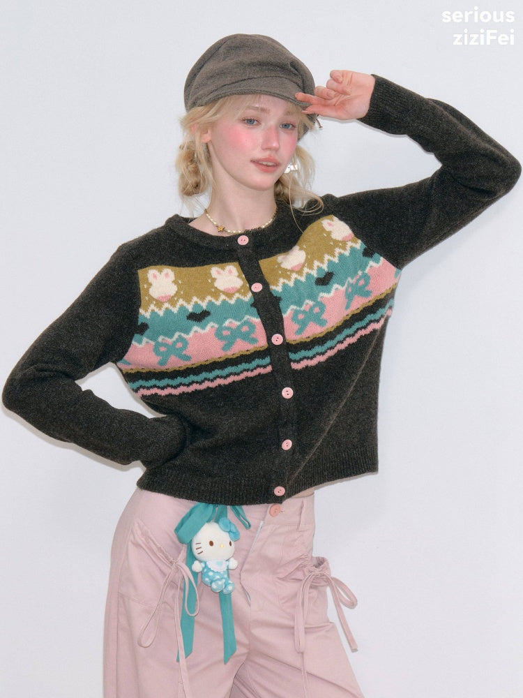 Fair Isle Little Rabbit Jacquard Brown Knit Cardigan【s0000018807】