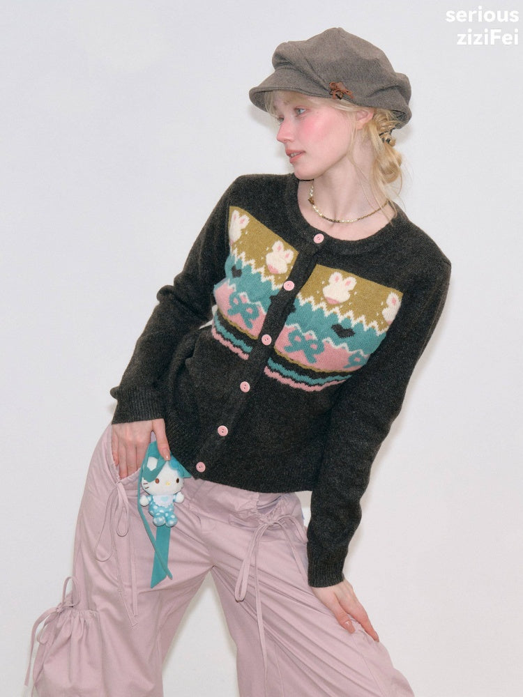 Fair Isle Little Rabbit Jacquard Brown Knit Cardigan【s0000018807】