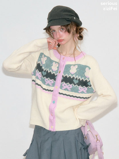 Fair Isle Little Rabbit Jacquard Apricot Knit Cardigan【s0000018808】