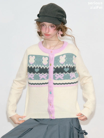 Fair Isle Little Rabbit Jacquard Apricot Knit Cardigan【s0000018808】