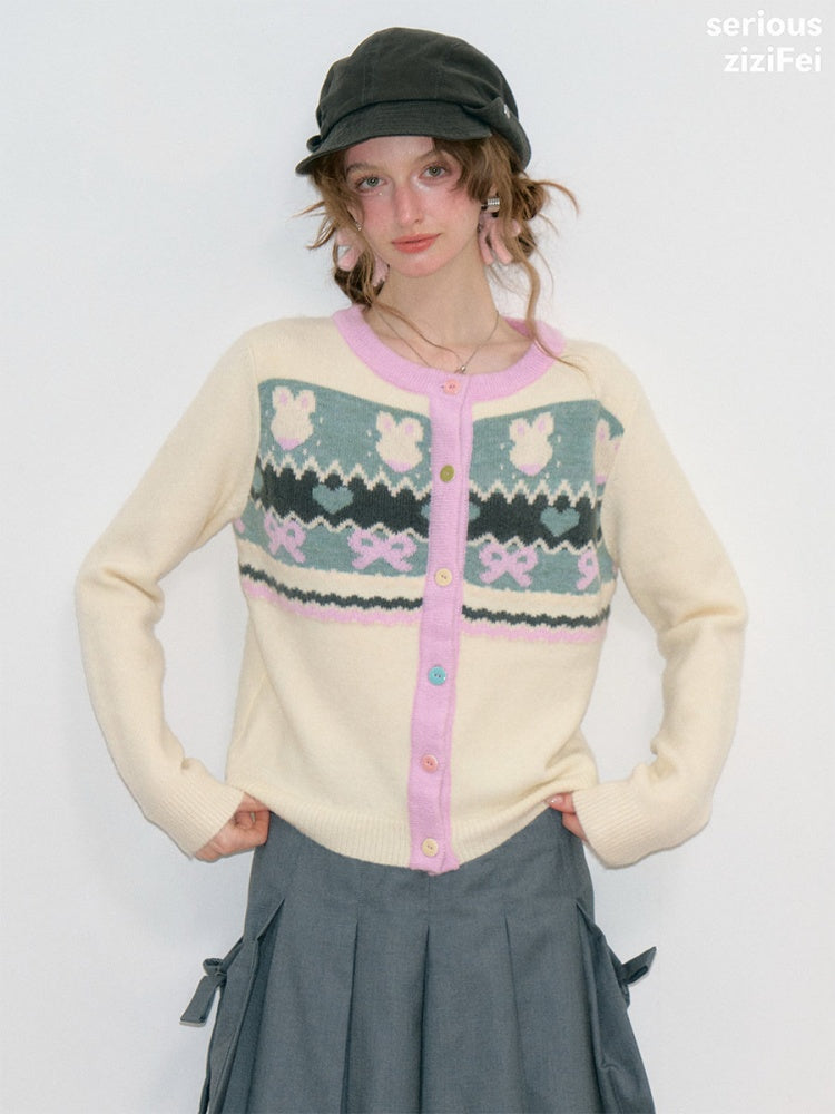 Fair Isle Little Rabbit Jacquard Apricot Knit Cardigan【s0000018808】