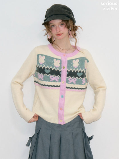 Fair Isle Little Rabbit Jacquard Apricot Knit Cardigan【s0000018808】