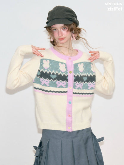 Fair Isle Little Rabbit Jacquard Apricot Knit Cardigan【s0000018808】