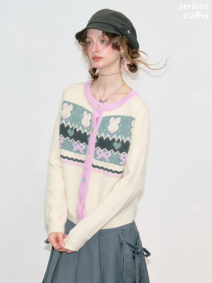 Fair Isle Little Rabbit Jacquard Apricot Knit Cardigan【s0000018808】