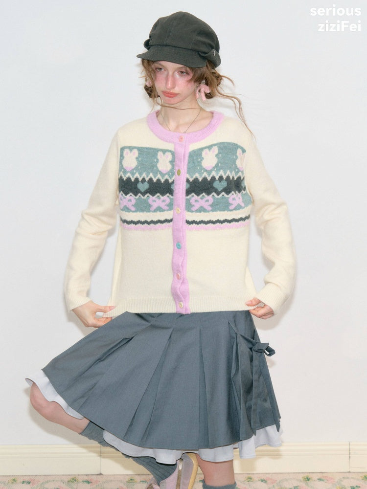 Fair Isle Little Rabbit Jacquard Apricot Knit Cardigan【s0000018808】