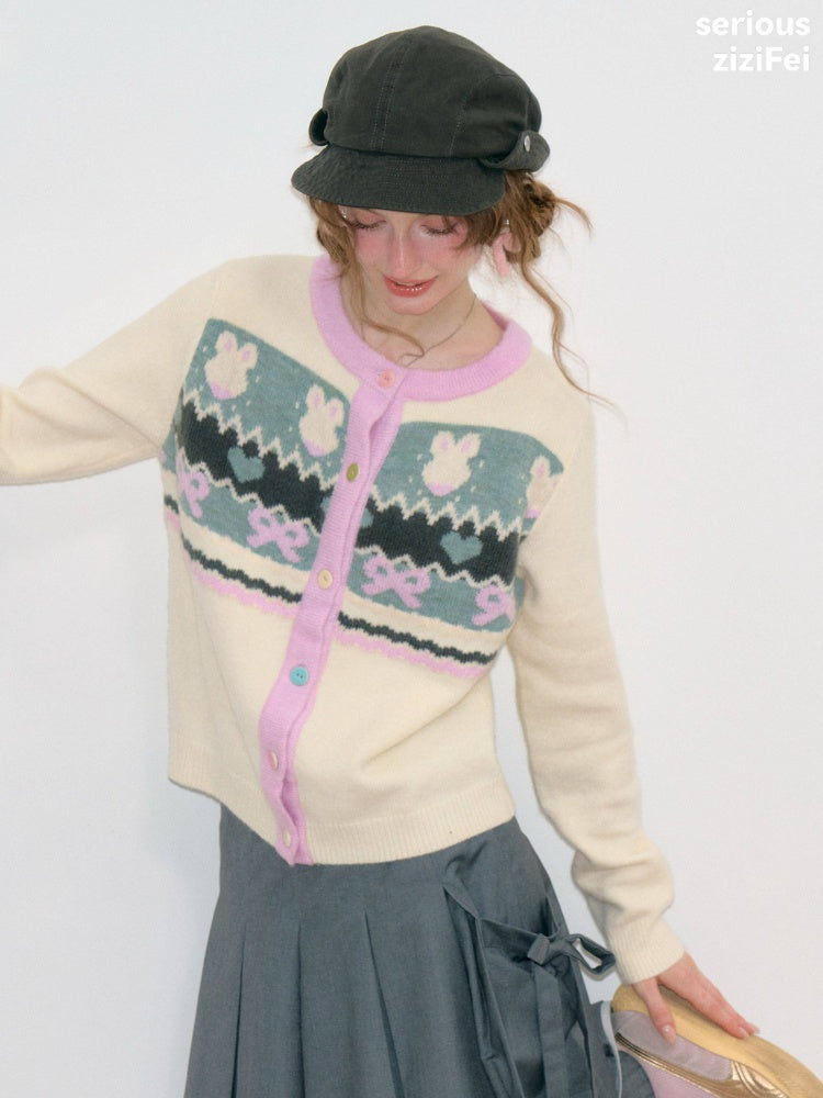 Fair Isle Little Rabbit Jacquard Apricot Knit Cardigan【s0000018808】